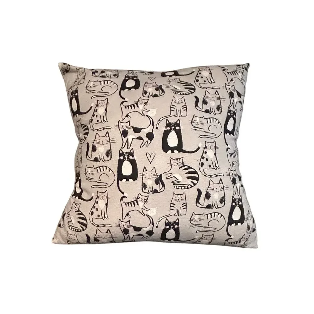 Cute Cat Print Throw Pillow Cover Gray Black Whimsical Home Decor Lightweight